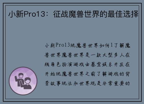 小新Pro13：征战魔兽世界的最佳选择